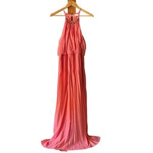 Lily Rose Coral Gauzy Halter Maxi Dress with Gold Geometric Collar Accent Large